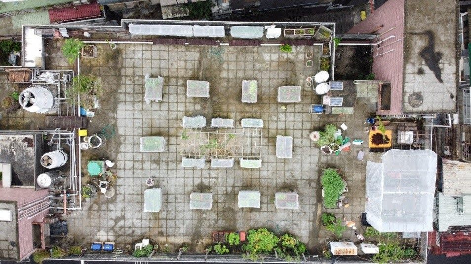 錦安區民活動中心屋頂菜園空拍照。（北市公園處提供）