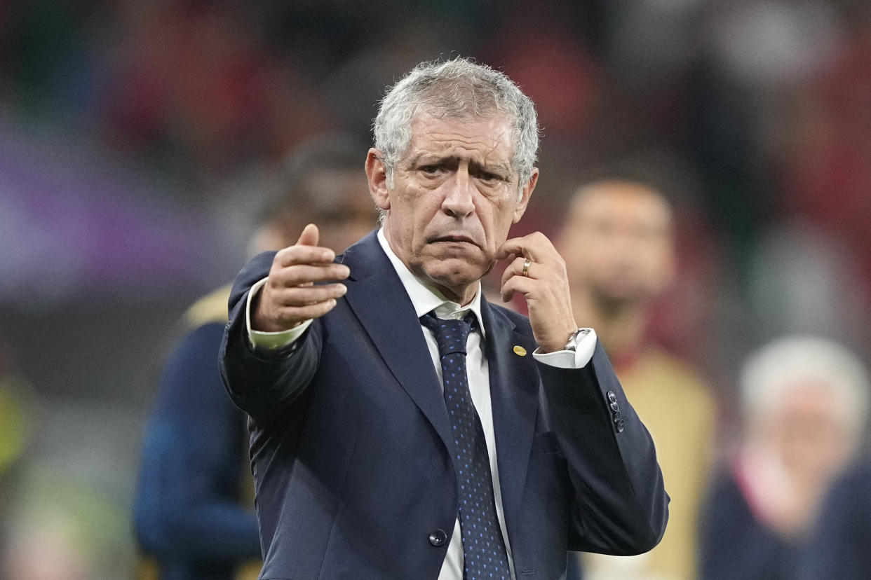 Portugal's head coach Fernando Santos gestures during the World Cup quarterfinal soccer match between Morocco and Portugal, at Al Thumama Stadium in Doha, Qatar, Saturday, Dec. 10, 2022. (AP Photo/Martin Meissner)