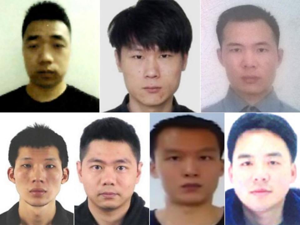 PHOTO: In a composite of photos from indictment, (Top left to right), Ni Gaobin, Weng Ming,Cheng Feng, (bottom left to right), Peng Yaowen, Sun Xiaohui, Xiong Wang, Zhao Guangzong. (U.S. District Court, Eastern District of New York)