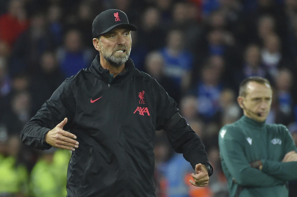 Liverpool's manager Jurgen Klopp gestures during the Champions League Group A soccer match between Liverpool and Rangers at Anfield stadium in Liverpool, England, Tuesday Oct. 4, 2022. (AP Photo/Rui Vieira)
