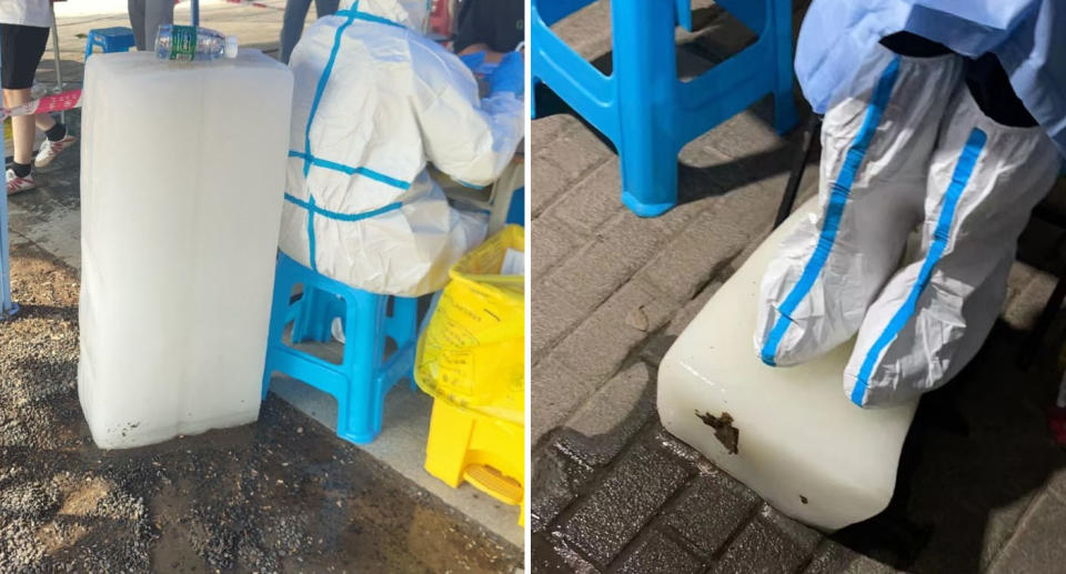 Huge blocks of ice have been delivered to the workers to help them stay cool. Source: Weibo