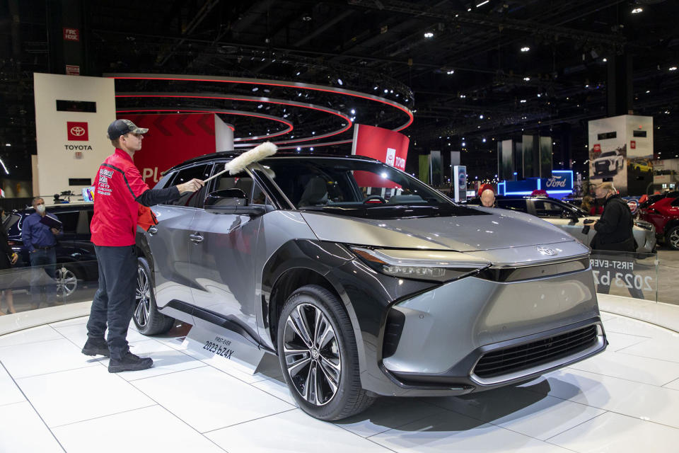 The new 2023 Toyota bZ4X electric car is displayed Thursday, Feb. 10, 2022, as the Chicago Auto Show returns to McCormick Place. (Brian Cassella/Chicago Tribune/Tribune News Service via Getty Images)