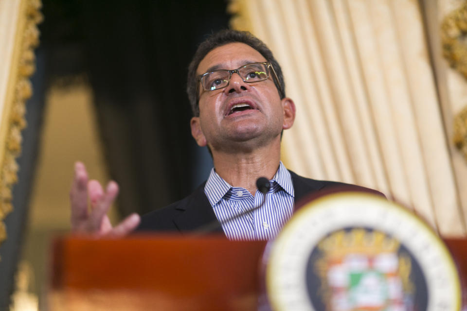 Pedro Pierluisi, sworn in as Puerto Rico’s governor last week, speaks during a press conference at the government mansion La Fortaleza in San Juan, Puerto Rico, Tuesday, Aug. 6, 2019. After a sustained protest movement led to the resignation of the previous governor, the island's 3.2 million people now await the final outcome of the constitutional deadlock pitting Puerto Rico's Senate against Pedro Pierluisi. (AP Photo/Dennis M. Rivera Pichardo)