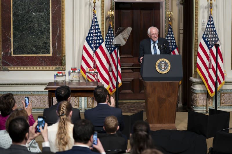 Sen. Bernie Sanders, I-Vt., teams up with President Joe Biden to discuss lowering prescription drug costs during Wednesday's event in the Indian Treaty Room on the White House complex in Washington, D.C. Photo by Bonnie Cash/UPI