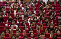 <p>People in the audience look on as U.S. President Barack Obama speaks at the National Convention Center in Hanoi, Vietnam, Tuesday, May 24, 2016. Obama gave a speech aimed at the people of Vietnam a day after announcing the lifting of a five-decade-old arms sales embargo that’s meant to help forge a new economic and security relationship with this young, fast-growing Southeast Asian nation. (AP Photo/Carolyn Kaster) </p>