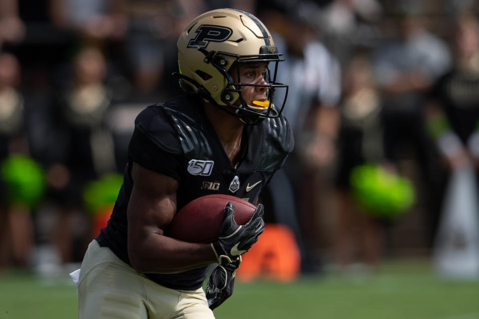 WEST LAFAYETTE, IN - SEPTEMBER 07: Purdue Boilermakers wide receiver Rondale Moore (4) returns a punt during the college football game between the Purdue Boilermakers and Vanderbilt Commodores on September 7, 2019, at Ross-Ade Stadium in West Lafayette, IN. (Photo by Zach Bolinger/Icon Sportswire via Getty Images)