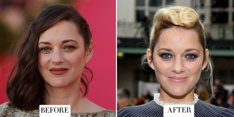 <p><strong>When:</strong> 25 September</p><p><strong>Style change: </strong>Cotillard debuted her new bleach-blonde hair colour during <a rel="nofollow noopener" href="http://www.harpersbazaar.co.uk/fashion/shows-trends/news/g38412/paris-fashion-week-spring-summer-2018/" target="_blank" data-ylk="slk:Paris fashion week;elm:context_link;itc:0;sec:content-canvas" class="link ">Paris fashion week</a>, styled in a braided quiff which showed off the dramatic change in hue. </p>