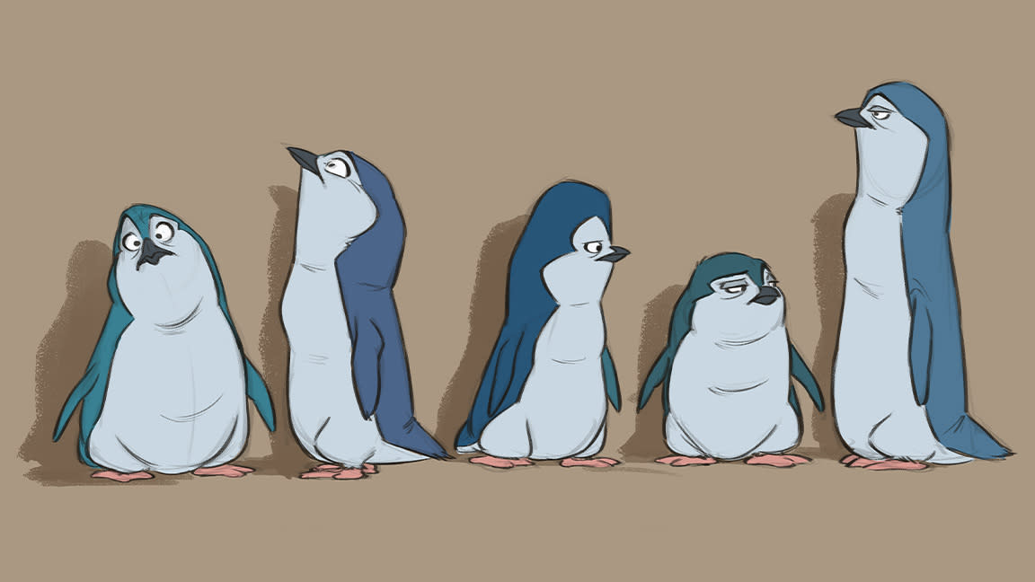  Aaron Blaise Procreate Dreams tutorial; a row of cartoon penguins. 