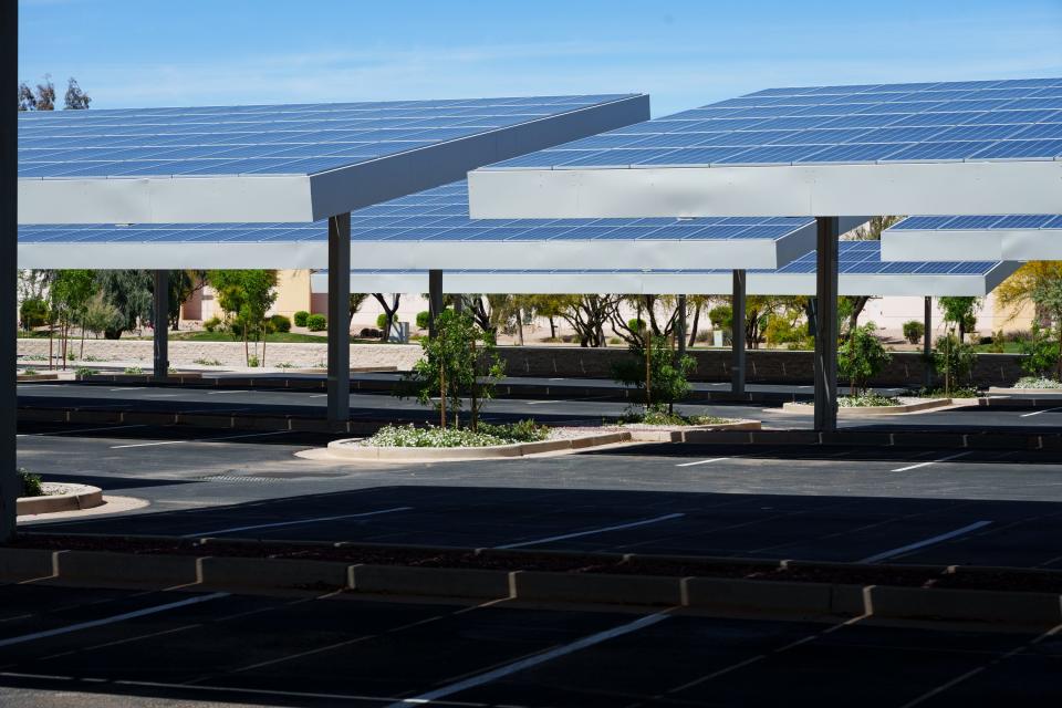 Solar panel-covered parking at Insight Enterprises provides roughly 80% of the office's electricity, photographed on March 31, 2023, in Chandler.