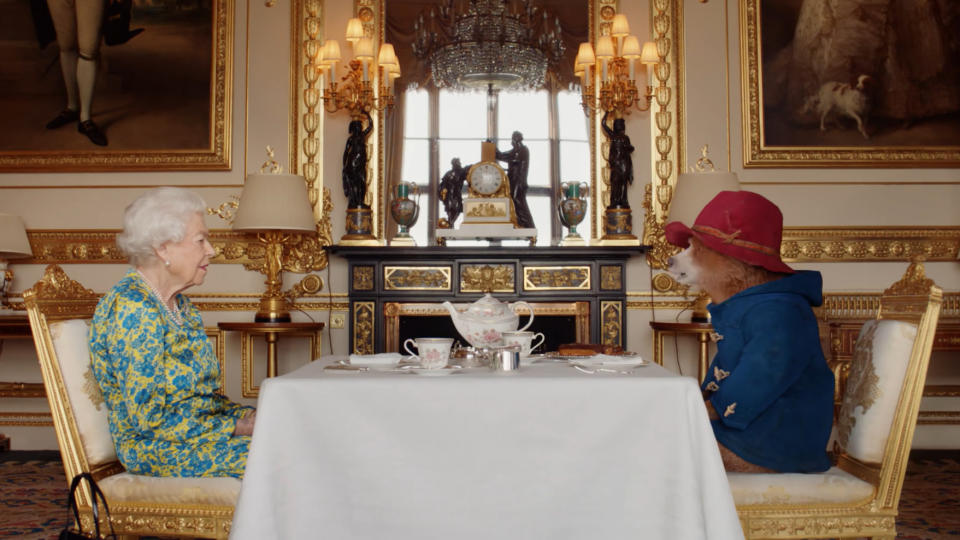 The Queen shared afternoon tea with Paddington Bear in a sketch for the Platinum Jubilee. (YouTube/The Royal Family)