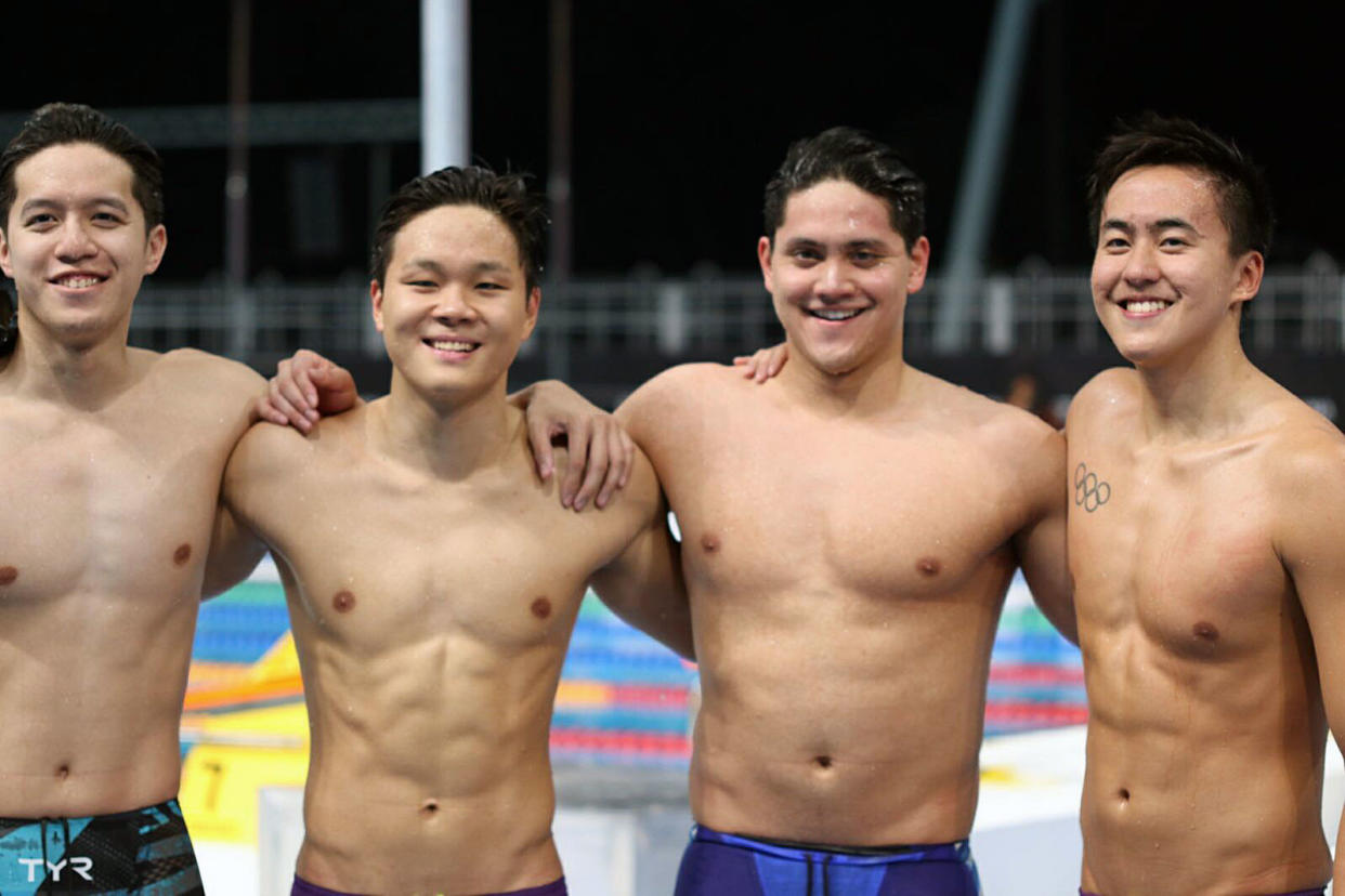 Singapore’s 4x200m freestyle relay team (from left) Danny Yeo, Pang Sheng Jun, Joseph Schooling and Quah Zheng Wen, at the National Aquatics Centre in Bukit Jalil on Thursday (24 August). (PHOTO: Hannah Teoh / Yahoo News Singapore)