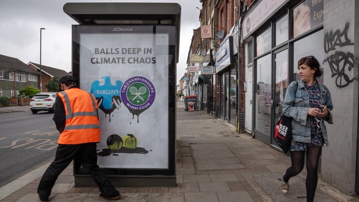 Artwork by Matt Bonner and installed by Brandalism protesting Wimbledon’s partnership with Barclays (Tom Pilston)