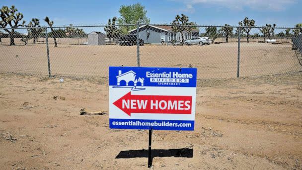 PHOTO: In this Aug. 18, 2022, file photo, a sign points to new homes in Hesperia, Calif. (Frederic J. Brown/AFP via Getty Images, FILE)