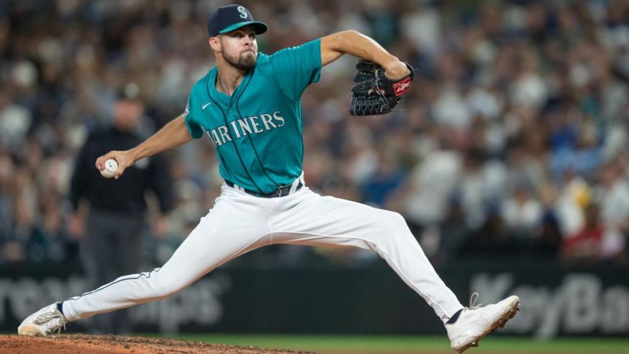 <div>SEATTLE, WA - SEPTEMBER 16: Reliever Matt Brash #47 of the Seattle Mariners delivers a pitch during the eighth inning of a game against the Los Angeles Dodgers at T-Mobile Park on September 16, 2023 in Seattle, Washington.</div> <strong>(Stephen Brashear / Getty Images)</strong>