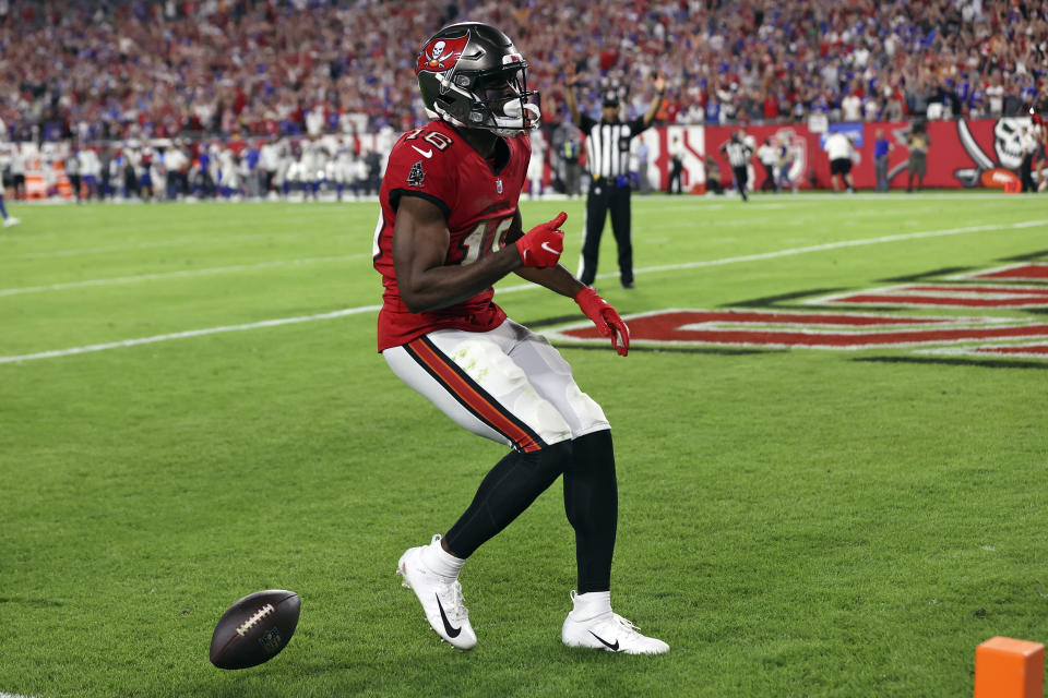 Tampa Bay Buccaneers wide receiver Breshad Perriman (16) reacts after scoring on a 55-yard touchdown pass against the Buffalo Bills during overtime of an NFL football game Sunday, Dec. 12, 2021, in Tampa, Fla. (AP Photo/Mark LoMoglio)