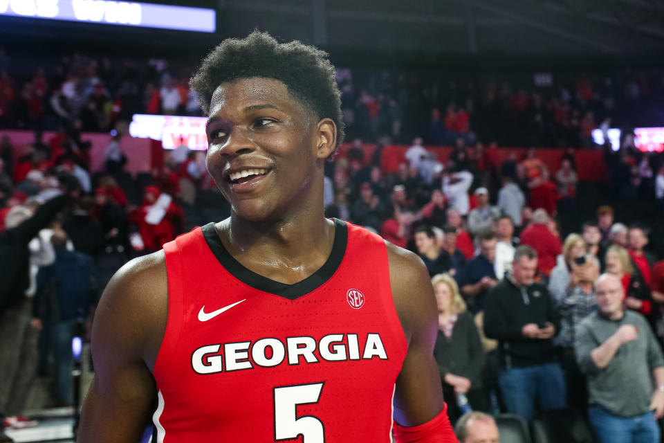 Anthony Edwards #5 of the Georgia Bulldogs looks on during a game against the Auburn Tigers at Stegeman Coliseum.