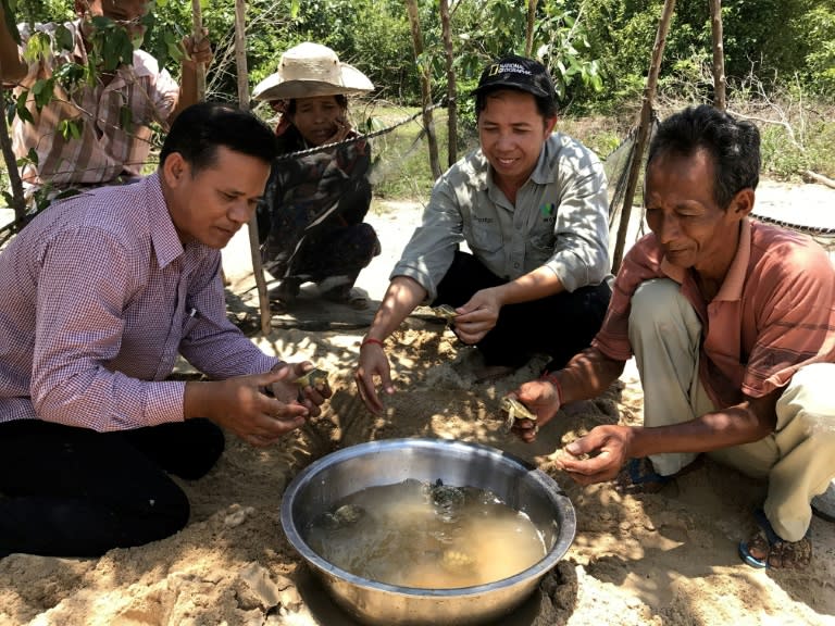 Conservationists sit next to a container holding nine Cambodian royal turtle hatchlings at the Kaong River in Koh Kong province, on May 9, 2017