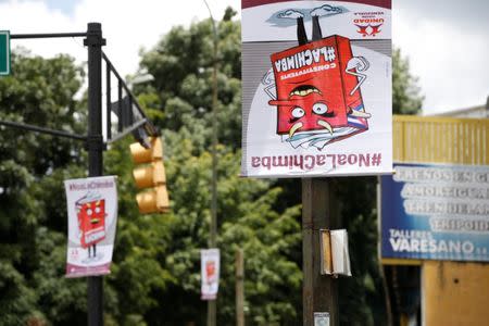 Banners against the National Constituent Assembly hang in a street of Caracas, Venezuela, July 24, 2017. The banner reads "No to fraud". REUTERS/Andres Martinez Casares