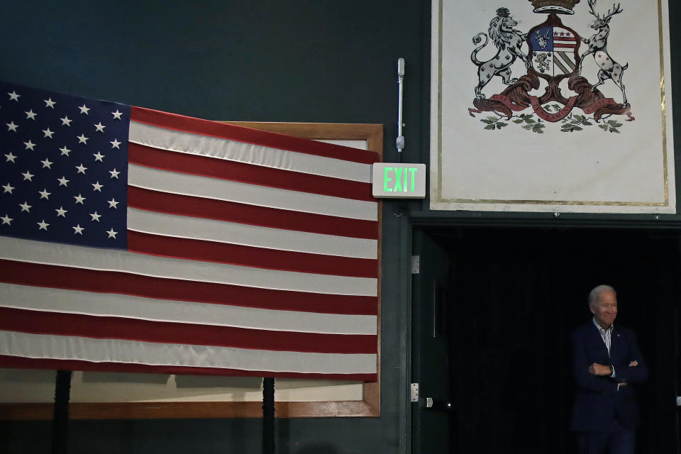 Democratic presidential candidate former Vice President Joe Biden waits to be introduced during a campaign event at Dartmouth College, Friday, Aug. 23, 2019, in Hanover, N.H. (AP Photo/Elise Amendola)