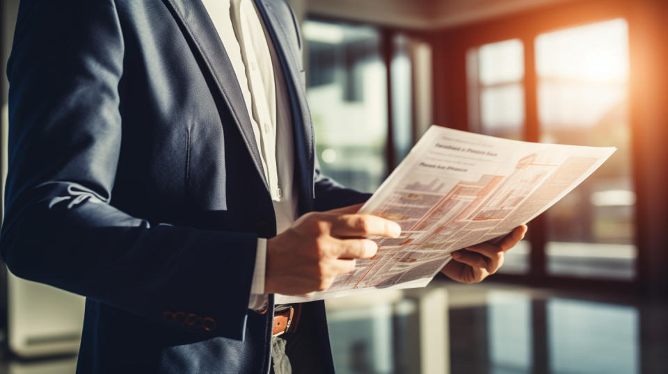 A real estate broker presenting pieces of paper describing the details of a home sale.