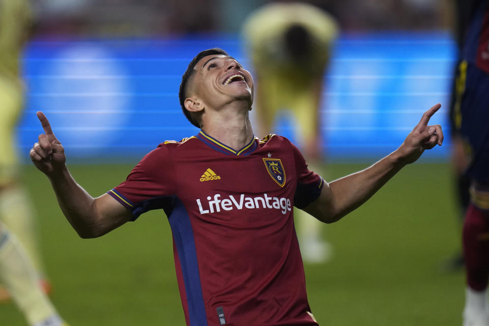 Real Salt Lake forward Jefferson Savarino celebrates after scoring against the New York Red Bulls during the second half of an MLS soccer match Saturday, July 15, 2023, in Sandy, Utah. (AP Photo/Rick Bowmer)