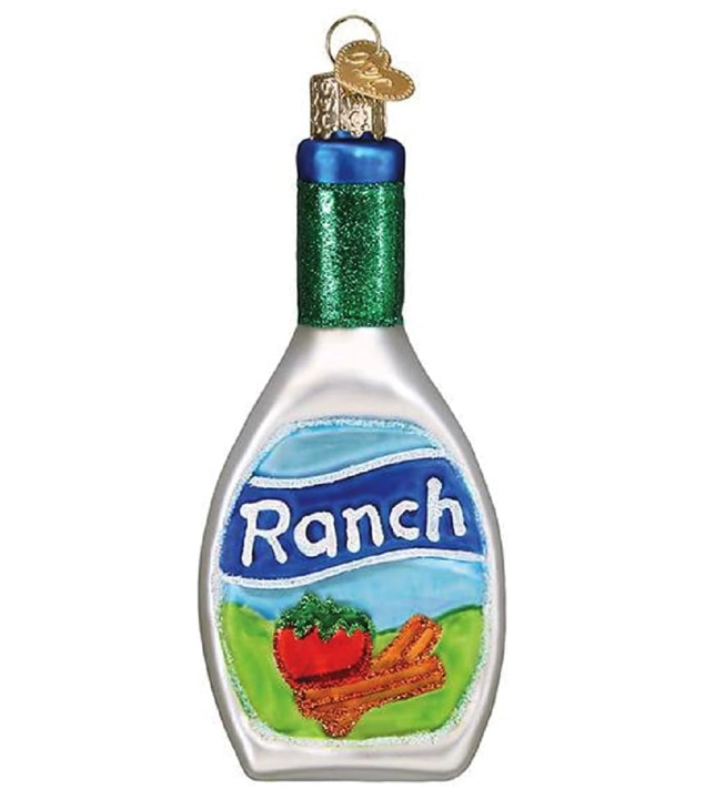 white, blue and green ranch bottle-shaped ornament