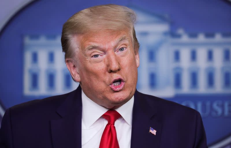 U.S. President Donald Trump holds press briefing on the U.S. economy and unemployment numbers at White House in Washington