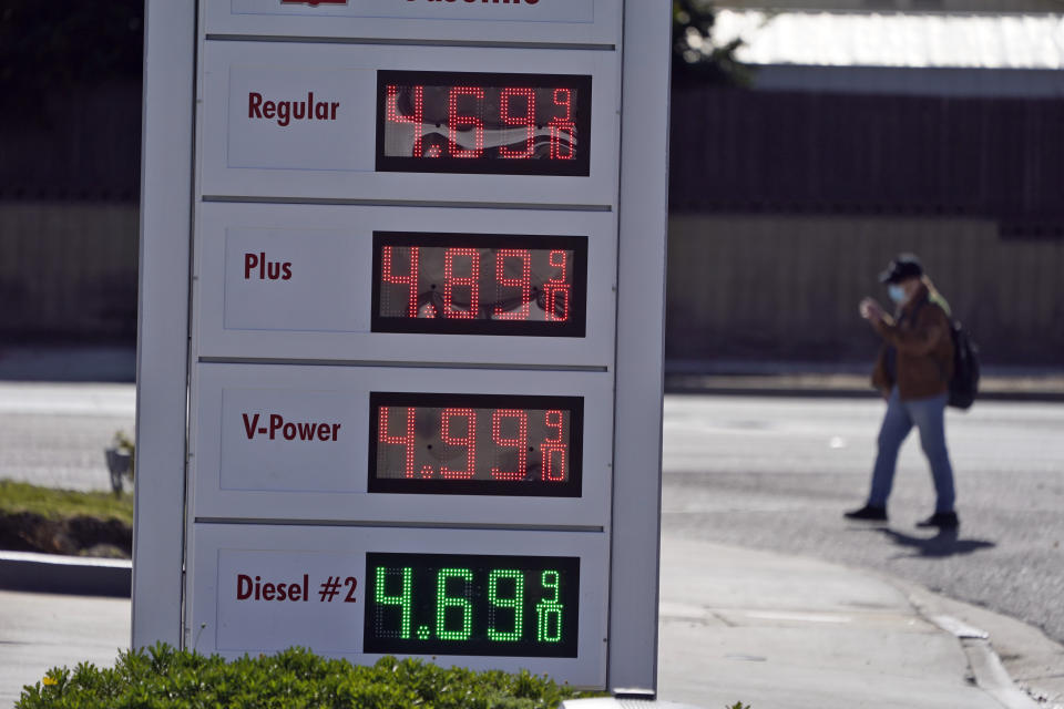 FILE - Gas prices are advertised Jan. 28, 2022, in Santa Clarita, Calif. President Joe Biden is warning Americans already exhausted by inflation at a 40-year high that gas prices could get higher if Russian President Vladimir Putin chooses to invade Ukraine. (AP Photo/Marcio Jose Sanchez, File)