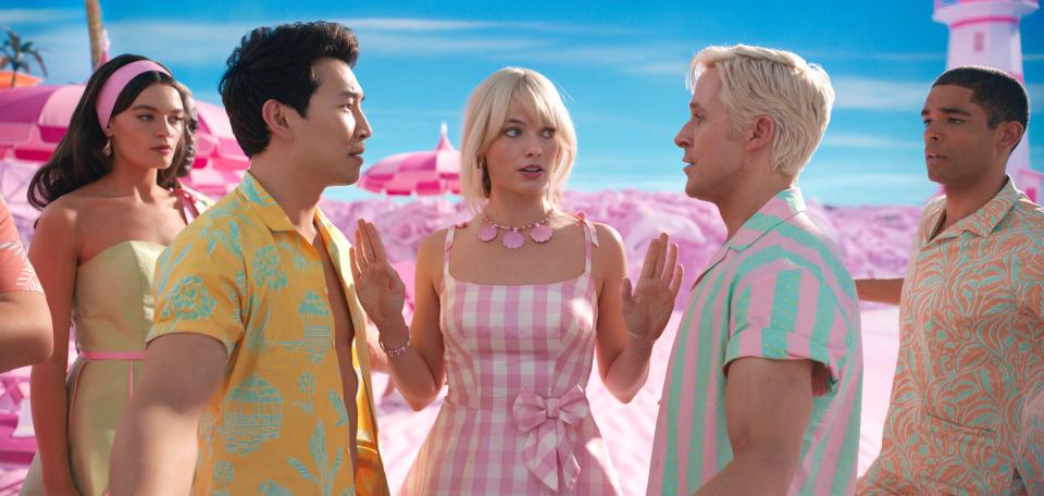 Emma Mackey, Simu Liu, Margot Robbie, Ryan Gosling, and Kingsley Ben-Adir in "Barbie."