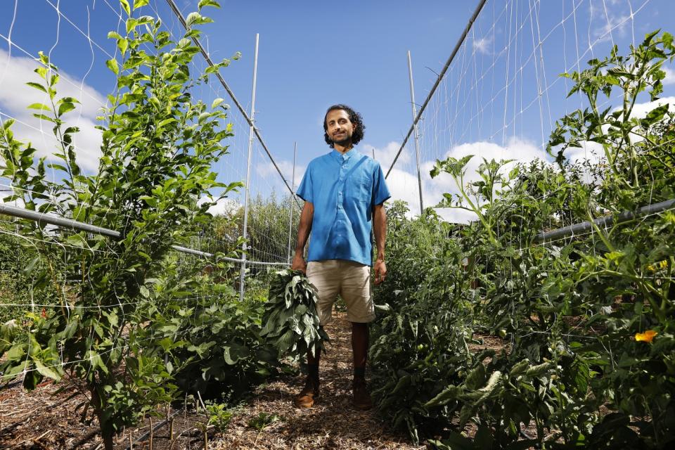 Rishi Kumar, cofundador de Healing Gardens, en Sarvodaya Farms, su granja y vivero urbano regenerativo en Pomona.