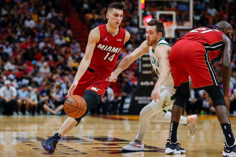 Tyler Herro (14) is in the midst of s dream start to the season as the Heat's sixth man: 23.3 points, 7.0 rebounds and 4.7 assists per game.