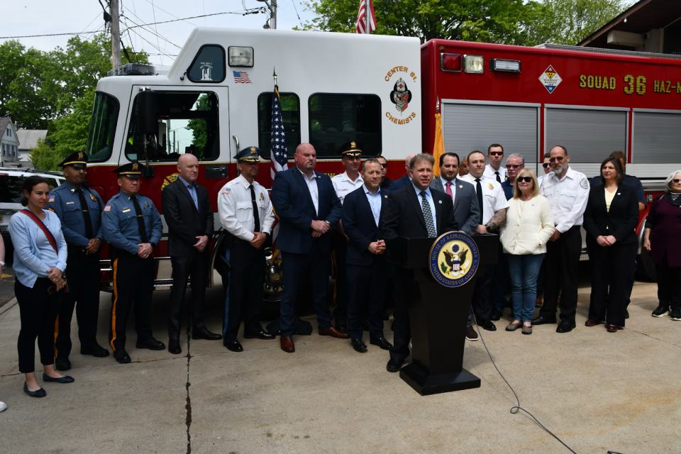 First responders gather at Fire Company 1 in New Milford for announcement of new first responder grants by U.S. Rep Josh Gottheimer, D-Wyckoff, on May 14, 2024.