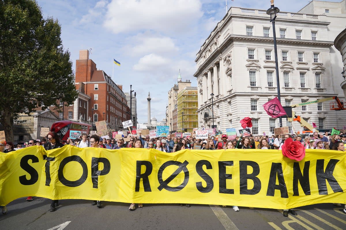People take part in a protest in central London last year after the controversial Equinor Rosebank North Sea oil field was given the go-ahead (Lucy North/PA) (PA Wire)