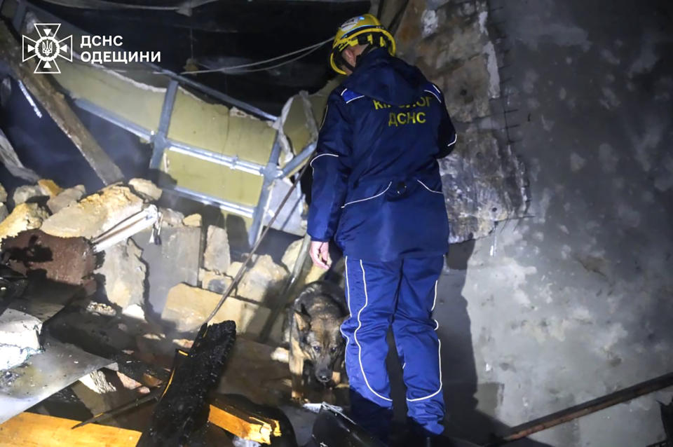 In this photo provided by the Ukrainian Emergency Service, a search dog with its handler look for survivors after a Russian drone attack in Odesa, Ukraine, Tuesday, April 23, 2024. (Ukrainian Emergency Service via AP)