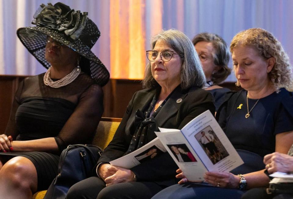 From left, Miami-Dade County Commissioner Marleine Bastien, Miami-Dade County Mayor Daniella Levine Cava and Congresswoman Debbie Wasserman-Schultz attend a public celebration of life service for former Florida Gov. and U.S. Sen. Bob Graham at the Miami Lakes United Church of Christ on Saturday, May 11, 2024, in Miami Lakes.