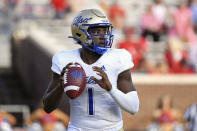 Tulsa quarterback Braylon Braxton (1) looks to pass during the second half of an NCAA college football game against Mississippi in Oxford, Miss., Saturday, Sept. 24, 2022. Mississippi won 35-27. (AP Photo/Thomas Graning)