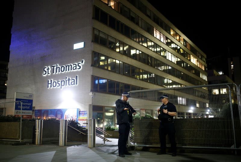 Police officers outside of the St Thomas' Hospital after British Prime Minister Boris Johnson was moved to intensive care