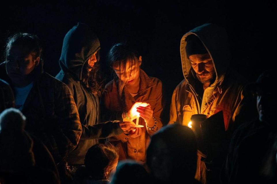 Family and friends of Tyre Nichols light candles during a vigil Monday at Regency Skate Park in Sacramento, where Nichols used to skateboard. Nichols, who moved to Tennessee in 2020, was fatally beaten by Memphis police earlier this month.