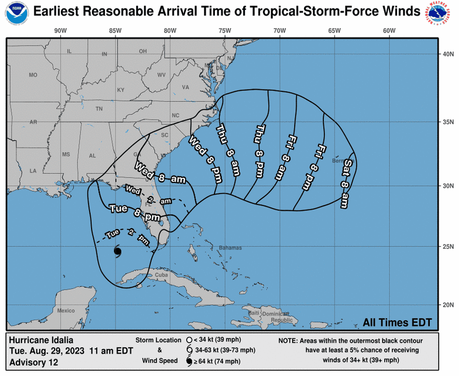 Estimated arrival time of tropical-storm-force winds from Hurricane Idalia 11 a.m. Aug. 29, 2023.