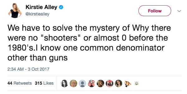 The actress claimed psychiatric drugs play a role in shooters. Source: Twitter