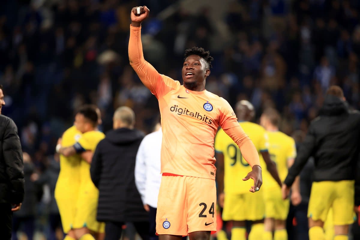 Inter Milan goalkeeper Andre Onana celebrates at the final whistle (Luis Vieira/AP) (AP)