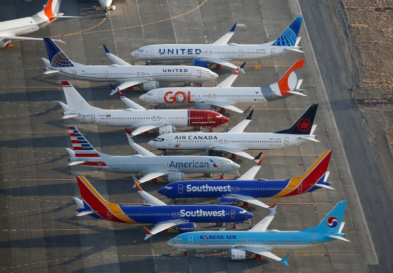 An aerial photo shows Boeing 737 MAX aircraft at Boeing facilities at the Grant County International Airport in Moses Lake