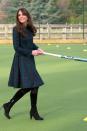 <p>The first time she wore the coat, Kate visited the town of her old university, St Andrew's, to mark St Andrew's day. She even had a game of hockey while she was there. </p>