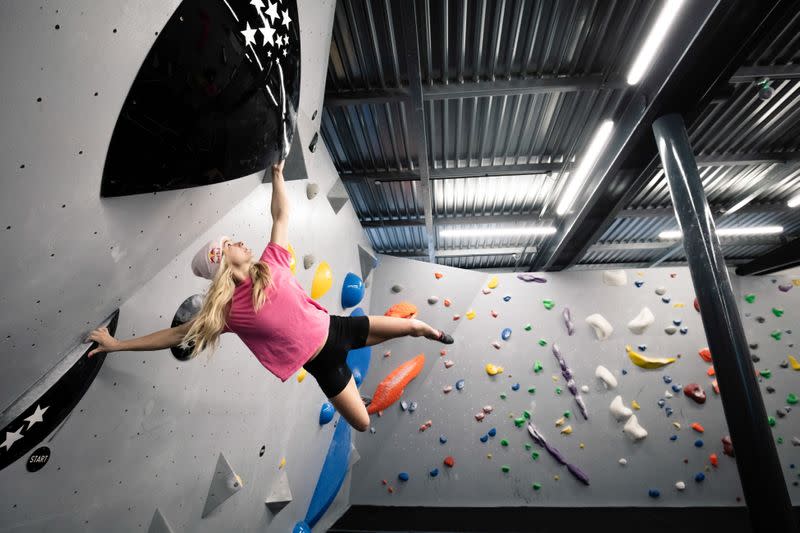 Shauna Coxsey climbs a boulder problem at The Climbing Hangar Matchworks in Liverpool