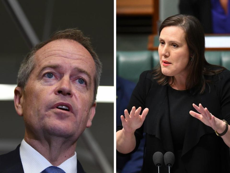 A photo of Opposition leader Bill Shorten and Minister for Women and Minister for Jos and Industrial Relations Kelly O'Dwyer. The two have announced policies relating to childcare and parents.