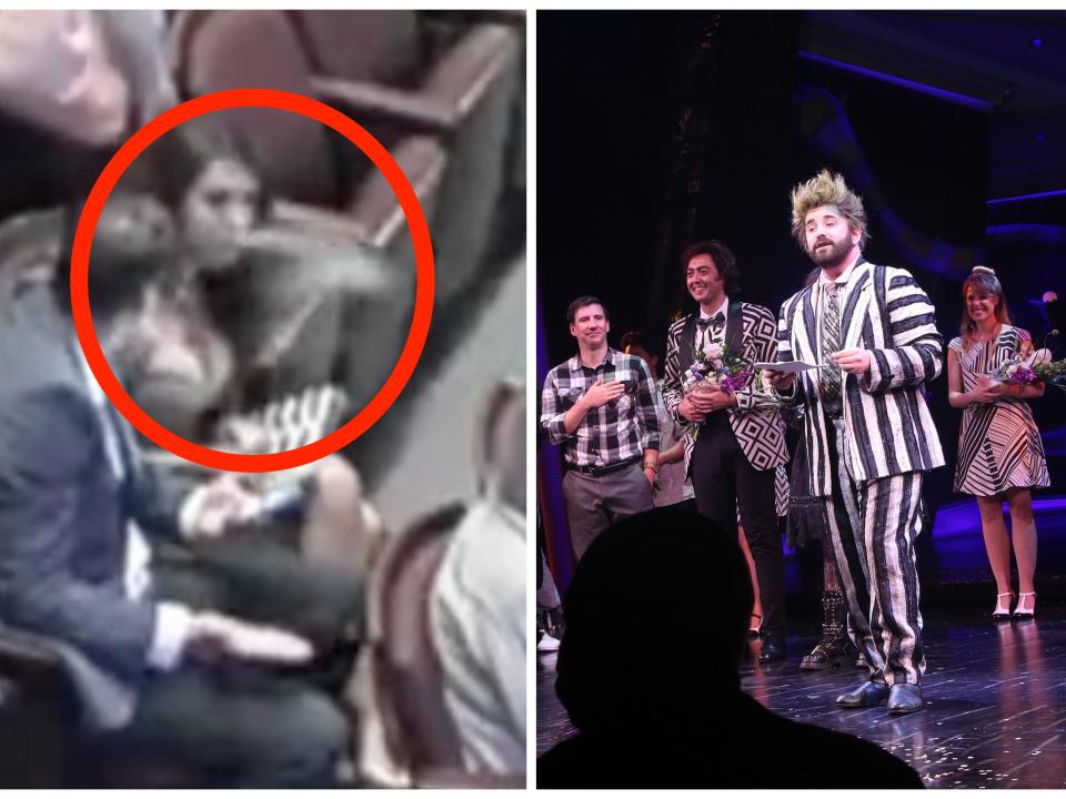 Rep. Lauren Boebert vaping, left, and a Broadway performance of "Beetlejuice," right, in a composite image.