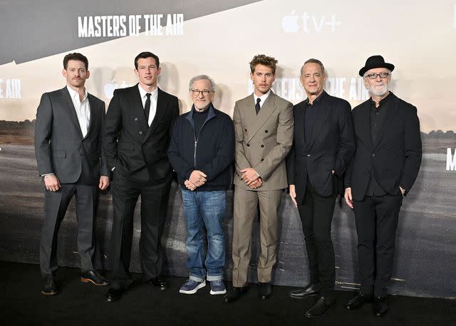 <p>Axelle/Bauer-Griffin/FilmMagic</p> (L-R) Sawyer Spielberg, Callum Turner, Steven Spielberg, Austin Butler, Tom Hanks and Gary Goetzman attend the World Premiere of Apple TV+'s "Masters of the Air" at Regency Village Theatre on January 10, 2024 in Los Angeles, California.