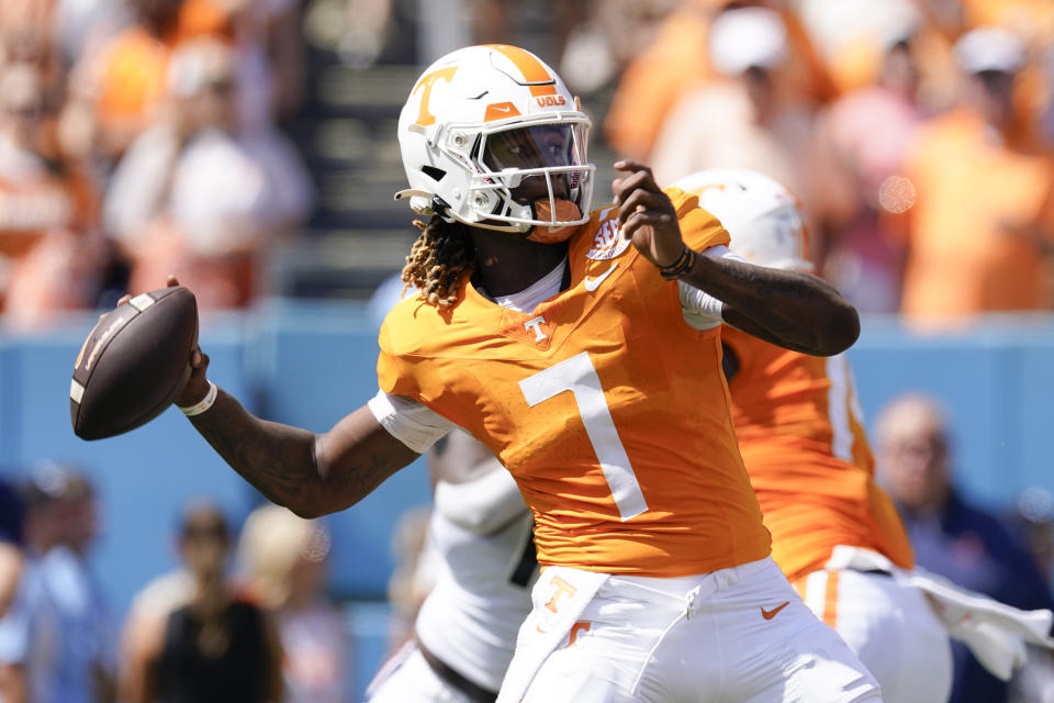 Tennessee quarterback Joe Milton III (7) throws a pass against Virginia in the first half of an NCAA college football game Saturday, Sept. 2, 2023, in Nashville, Tenn. (AP Photo/George Walker IV)