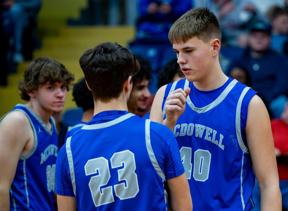 McDowell junior forward Rylan Parkins takes the court ahead of the Titans' Wednesday night matchup against TC Roberson at TC Roberson High School in Arden, NC. McDowell defeated TC 62-57.