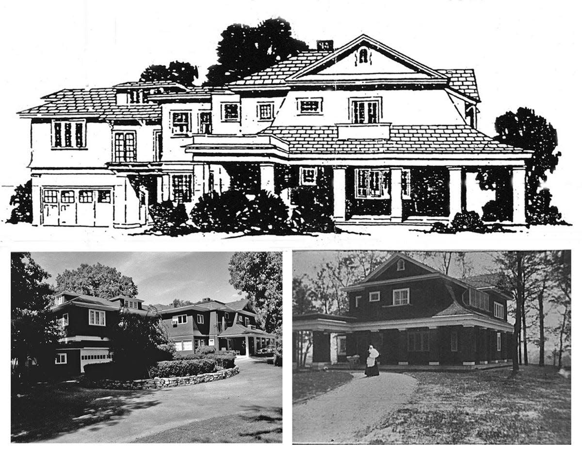 The Lindenberg-Tarpy home at 1122 Cambridge is shown in the bottom two photographs. On the left is a view looking northwest at the back side of the house where the driveway enters the property. On the right is a view of the north side of the house and the front that faces the river. The drawing at the top is a depiction of the house used in a 1925 ad for shingles.